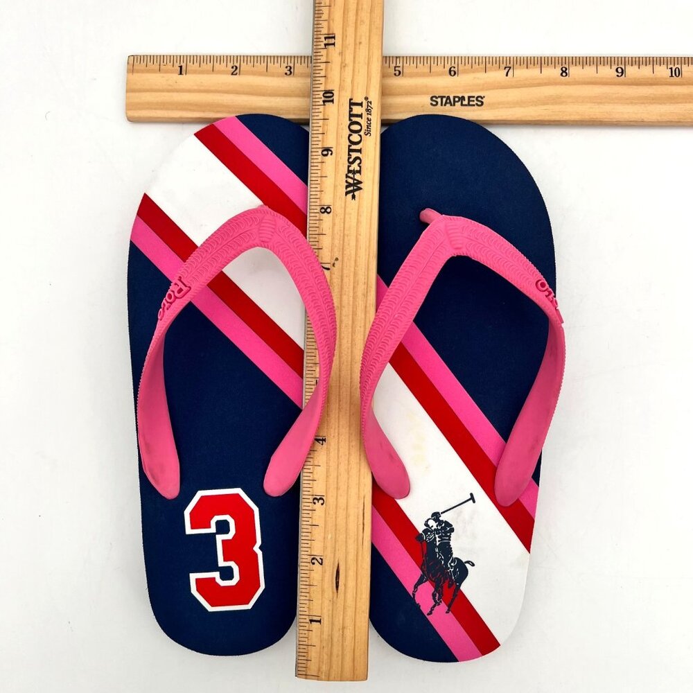 Polo Ralph Lauren Womens Size 5 Navy & Pink Striped Flip Flops Pony & 3 Logo New - Picture 6 of 15